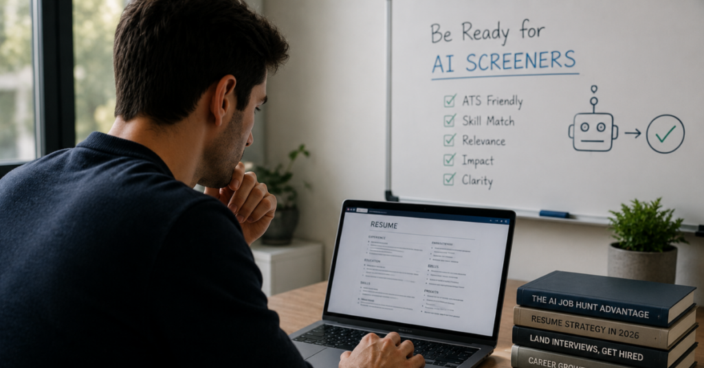 Professional job seeker optimizing a resume on a laptop while preparing for AI-powered resume screening and recruitment systems in 2026.